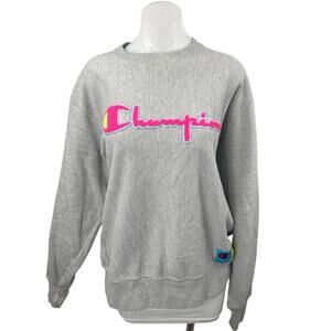 Champion Reverse Weave Gray Pink Logo Spellout Long Sleeve Sweatshirt Top Size L